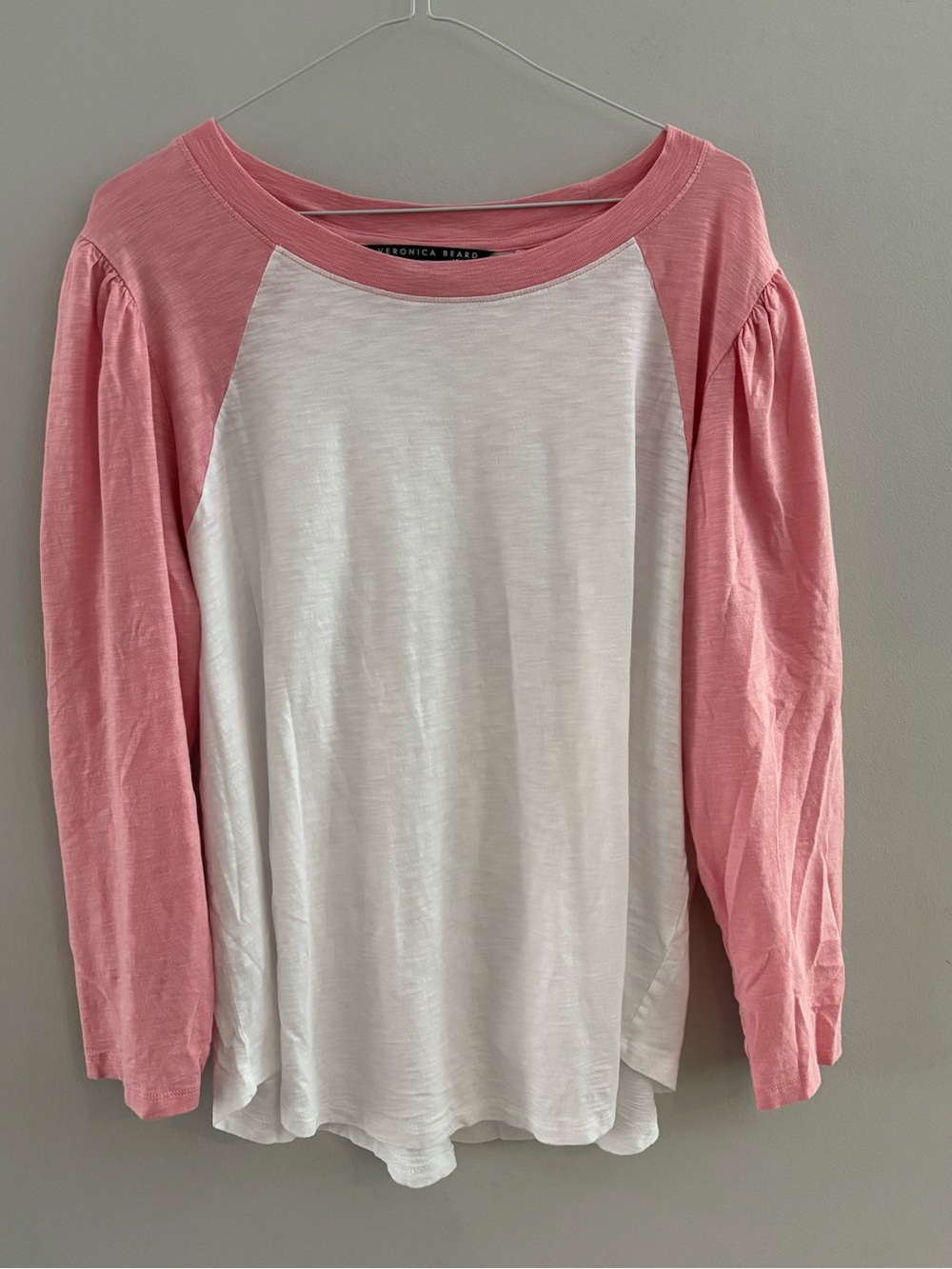 Veronica Beard Jeans Mason Baseball Tee Pink White Puff Shoulder 2XL Raglan Top